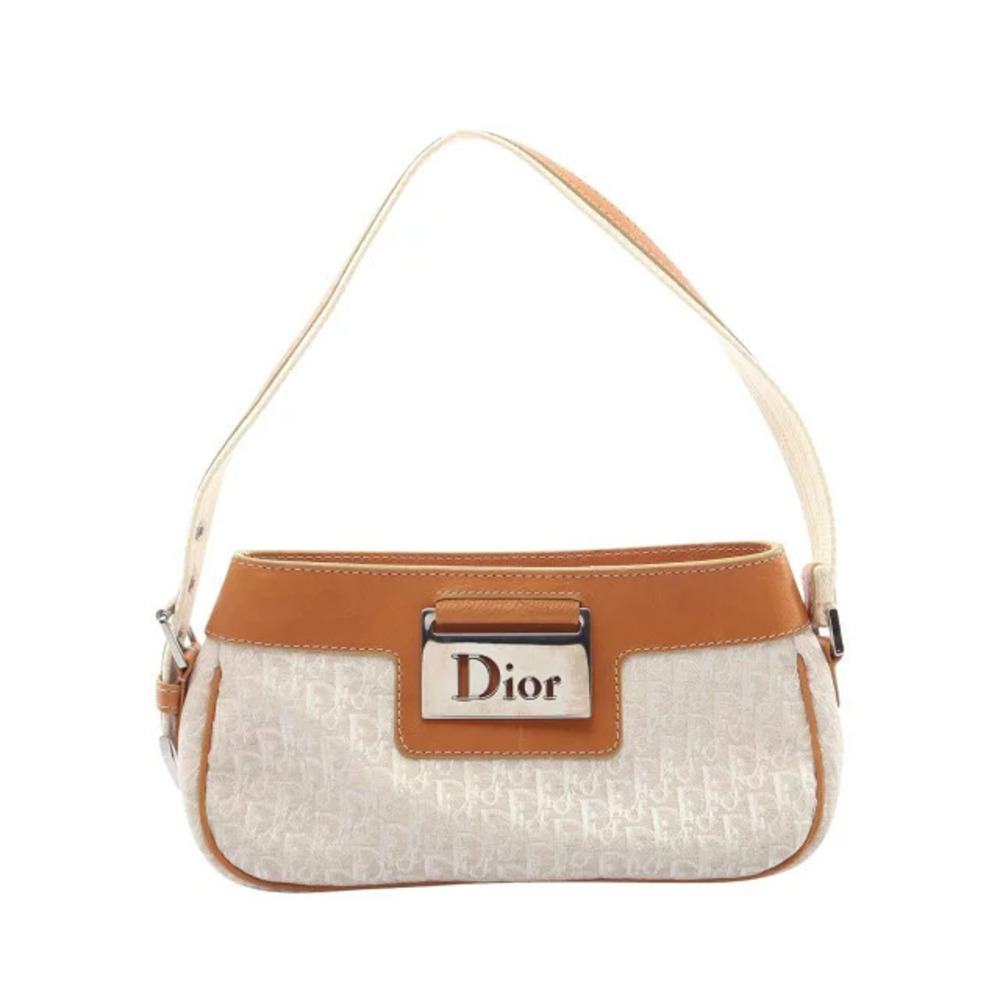Christian Dior Street Trotter Handbag Canvas Leather Ivory White Brown